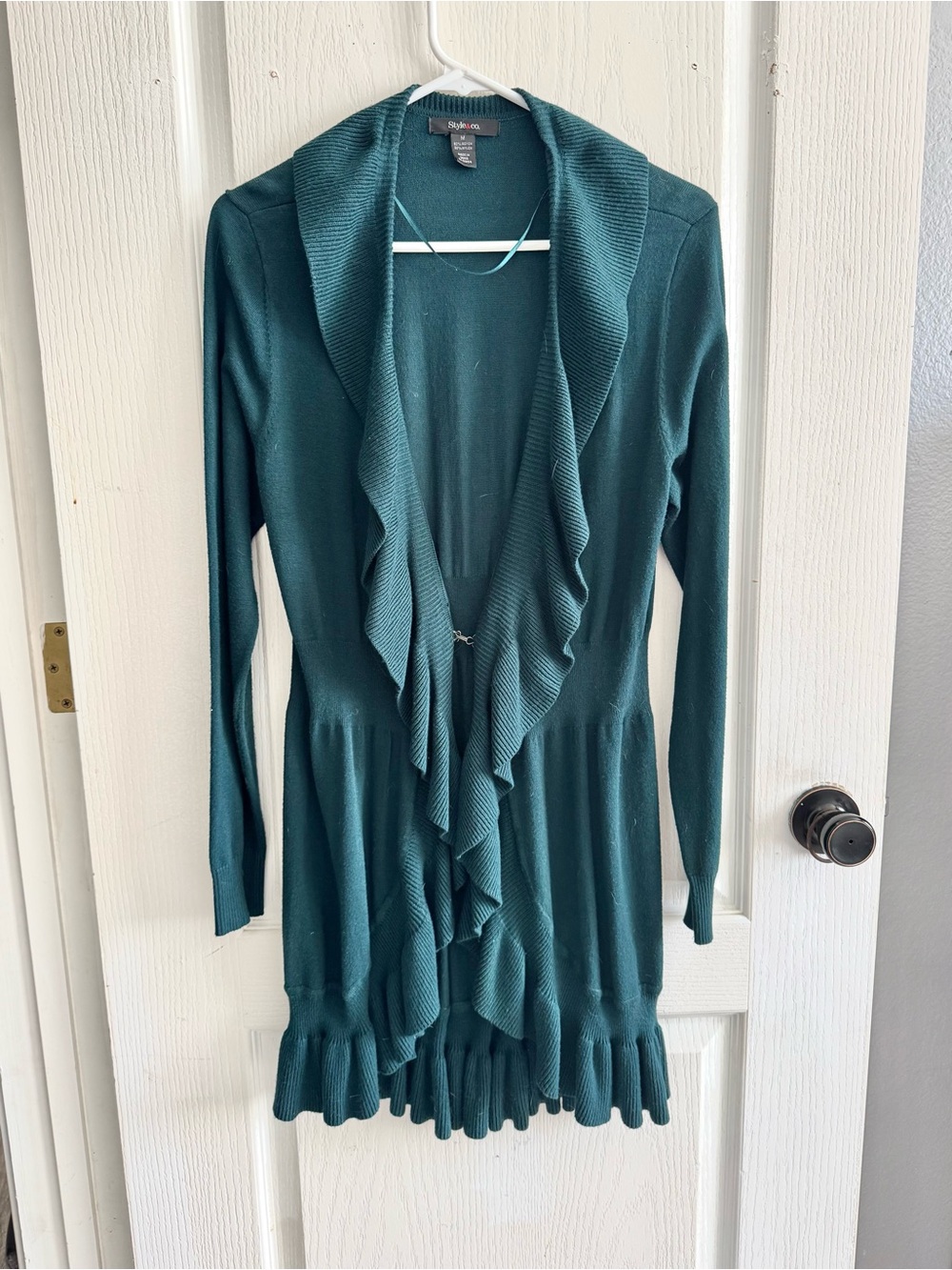 Express Women's Teal Ruffle-Trim Long Sleeve Knit Dress cardigan